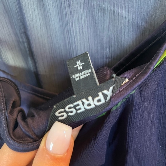 Express navy blue and neon yellow sheer skater dress medium - Picture 2 of 3